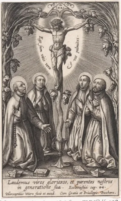 Christus aan het kruis, aanbeden door vier jezuïeten