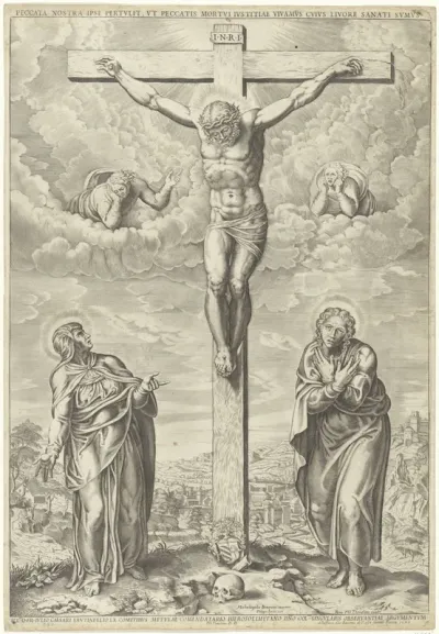 Christus aan het kruis geflankeerd door Maria en Johannes in een landschap
