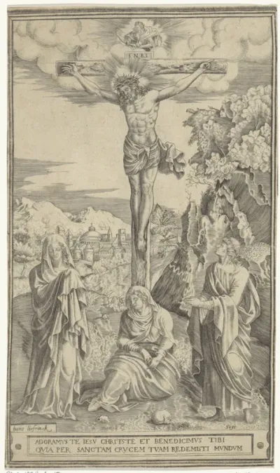 Christus aan het kruis geflankeerd door Maria en Johannes