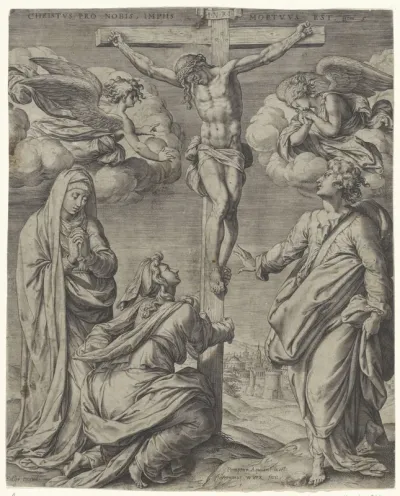 Christus aan het kruis, geflankeerd door twee engelen