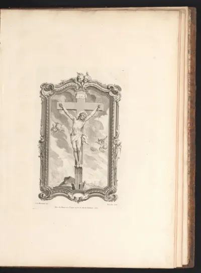 Christus aan het kruis, in een rocaille ornamentrand