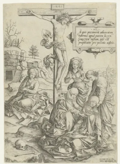 Christus aan het kruis met bezwijmende Maria en andere heiligen