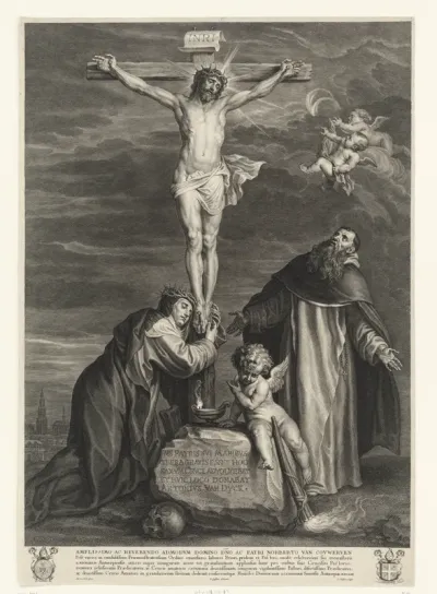 Christus aan het kruis met heiligen Catharina van Siena en Dominicus onder het kruis