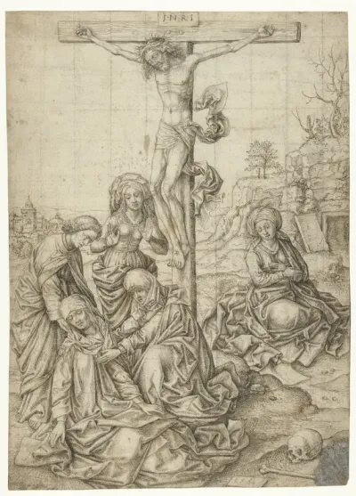 Christus aan het kruis met Johannes, de drie Maria's en Maria Magdalena onder het kruis