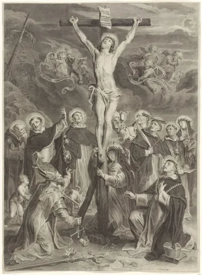 Christus aan het kruis met Maria en heiligen