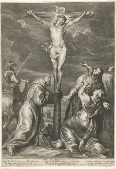 Christus aan het kruis met Maria en Maria Magdalena en Johannes de Evangelist en Franciscus van Assisi