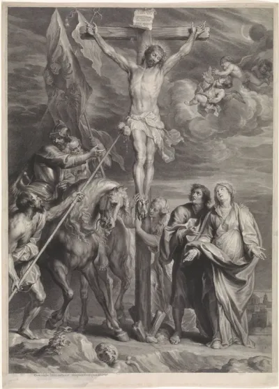 Christus aan het kruis, met Maria, Johannes, Maria Magdalena en soldaten