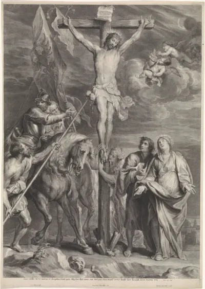 Christus aan het kruis, met Maria, Johannes, Maria Magdalena en soldaten