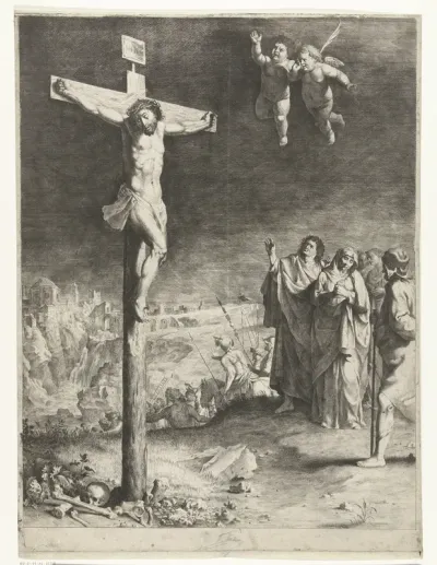 Christus aan het kruis met treurende Maria en Johannes