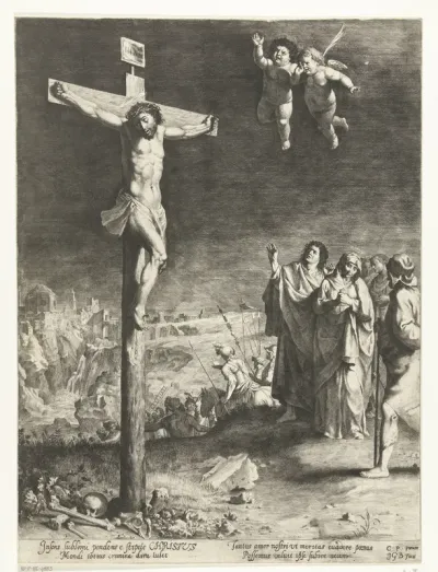 Christus aan het kruis met treurende Maria en Johannes