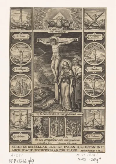 Christus aan het kruis omringd door scènes van gekruisigde martelaren