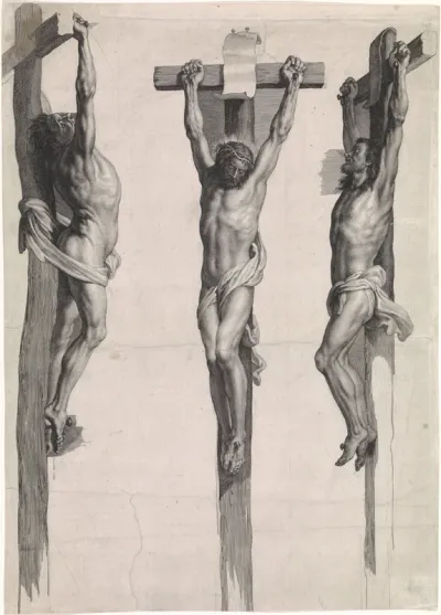 Christus aan het kruis tussen de twee gekruisigde misdadigers