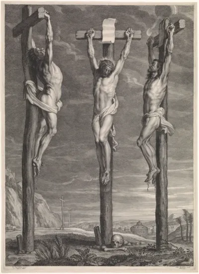 Christus aan het kruis tussen de twee gekruisigde misdadigers