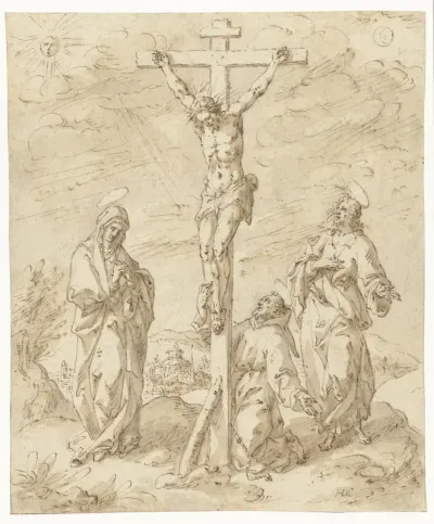 Christus aan het kruis tussen Maria en Johannes de Evangelist; aan de voet van het kruis de H. Franciscus