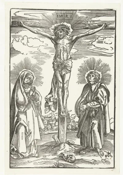 Christus aan het kruis tussen Maria en Johannes de Evangelist