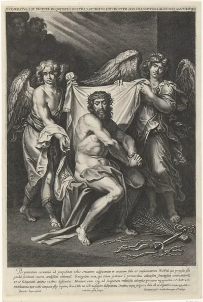 Christus als Man van Smarten met twee engelen en twee cherubijnen