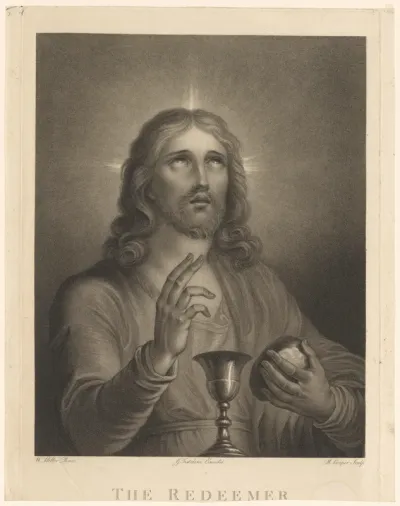 Christus als verlosser maakt zegenend gebaar en houdt in zijn linkerhand een stuk brood
