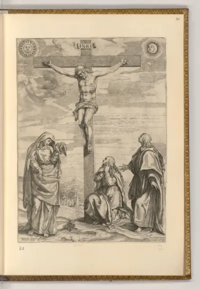 Christus am Kreuz flankiert von Maria, Maria Magdalena und Johannes