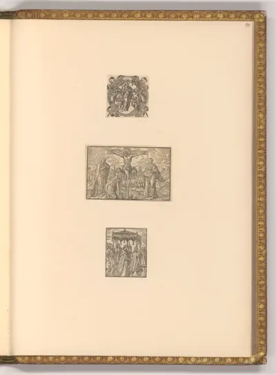 Christus am Kreuz; Mariae Himmelfahrt; Priester mit Monstranz (Buchillustration)