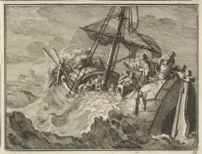 Christus beveelt op zee de wind en golven te bedaren