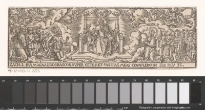 Christus, de maagd Maria en de heiligen geknield voor de troon van God