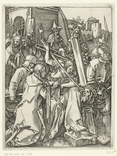 Christus draagt kruis en ontmoet heilige Veronica met zweetdoek op weg naar Golgotha