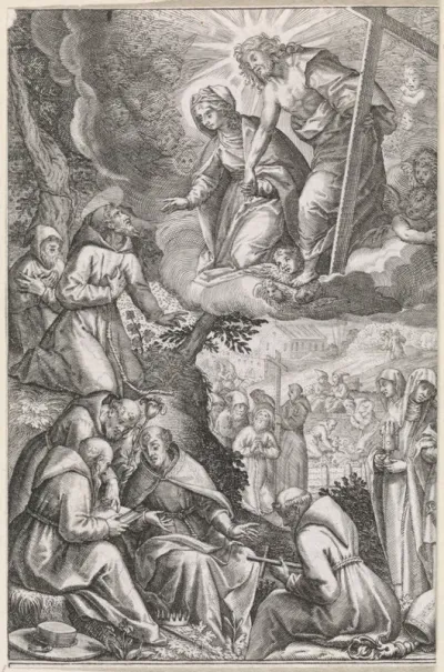 Christus en de maagd maria verschijnen aan de Heilige Franciscus en zijn orde