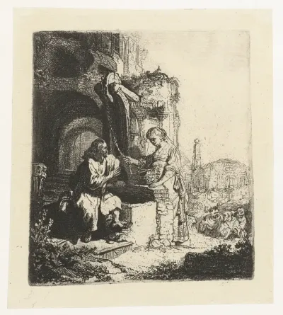 Christus en de Samaritaanse vrouw: op de achtergrond ruïnes