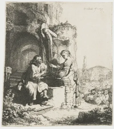 Christus en de Samaritaanse vrouw: op de achtergrond ruïnes