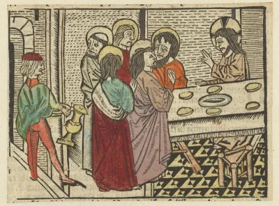 Christus en zijn discipelen in het huis van de Farizeeër weigeren de rituele handwassing
