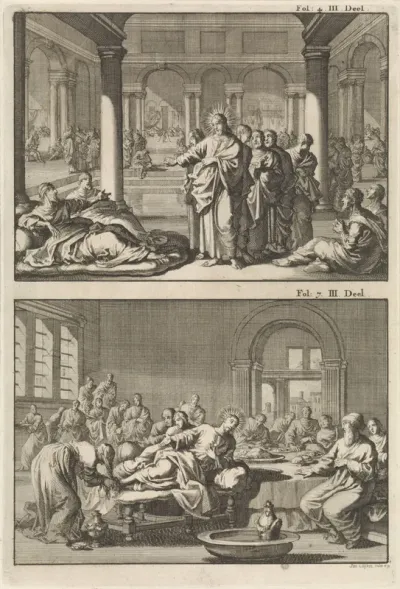 Christus en zijn leerlingen bij het badhuis van Siloam en Christus te gast bij Simon de Farizeeër