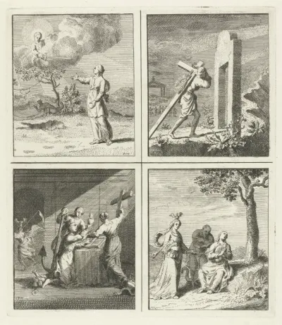 Christus geeft het zwaard van het geloof / Man gaat door de smalle poort / Vrouw geeft haar hart aan God /  Vrouwe Wereld en de duivel
