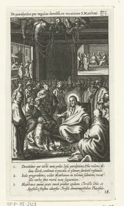 Christus geneest de verlamde man die op zijn bed door het dak naar beneden is gelaten