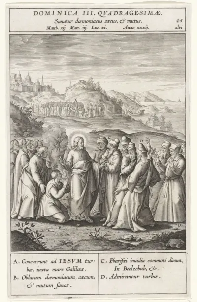 Christus geneest een bezeten man voor het oog van de farizeeën en schriftgeleerden