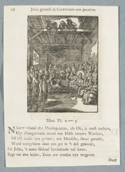 Christus geneest een verlamde man die door het dak werd neergelaten