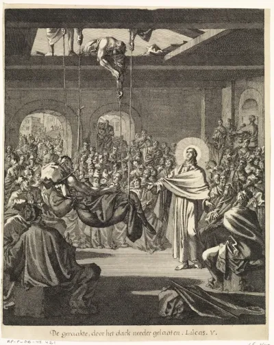 Christus geneest een verlamde man die door het dak werd neergelaten