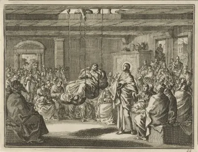 Christus geneest een verlamde man die door het dak werd neergelaten