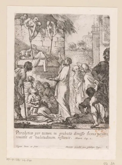 Christus geneest een verlamde man die door het dak werd neergelaten