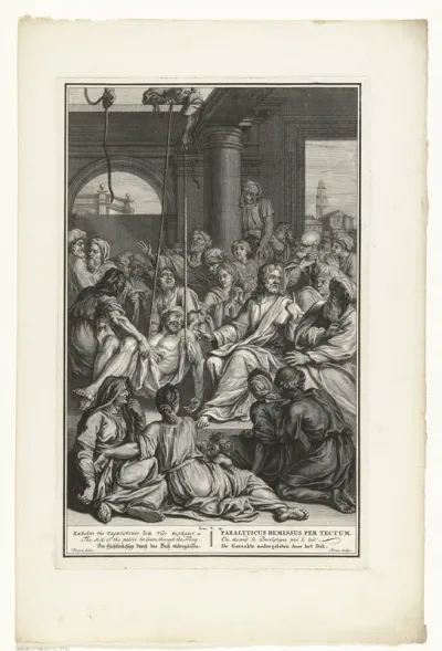 Christus geneest een verlamde man die door het dak werd neergelaten