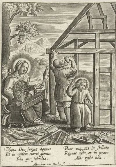 Christus helpt Jozef bij het bouwen van een huis