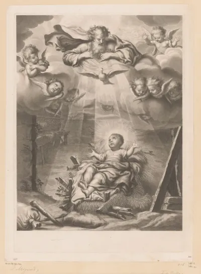 Christus in de kribbe met boven hem God de Vader en de Heilige Geest