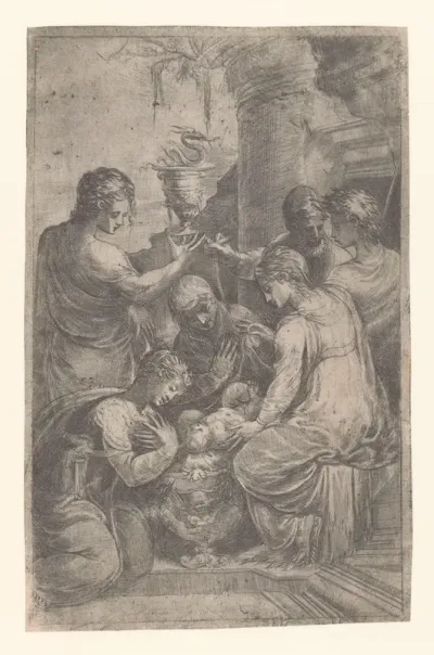 Christus in de kribbe met heiligen