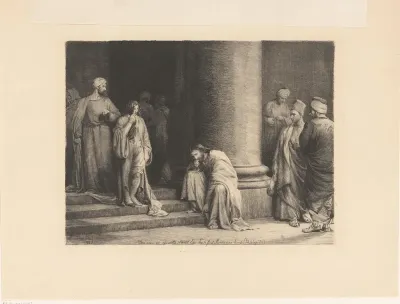 Christus in de tempel, met zijn vinger op de grond schrijvend: Hij die zonder zonden is ...