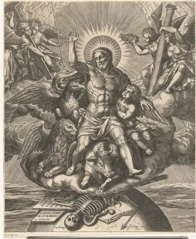 Christus in de wolken met symbolen van evangelisten