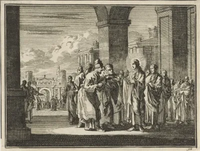 Christus in debat met de farizeeën over de belasting aan de keizer