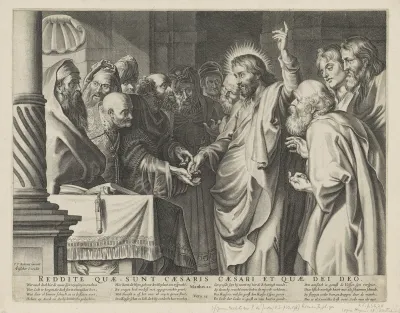 Christus in debat met de farizeeën over de belasting aan de keizer