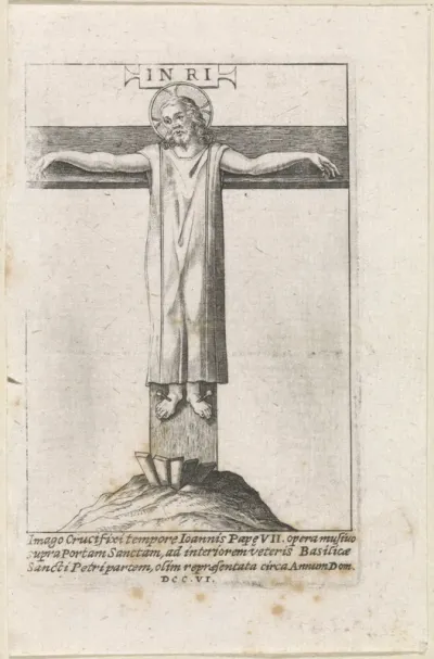 Christus in een lang gewaad aan het kruis