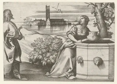 Christus in gesprek met Samaritaanse vrouw bij bron