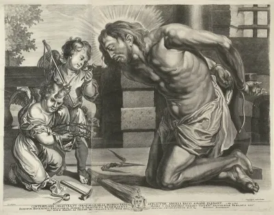 Christus knielend voor de Arma Christi