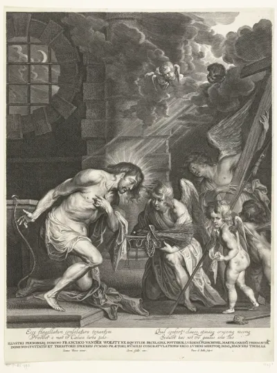 Christus knielt voor passiewerktuigen welke door vier engelen worden vastgehouden